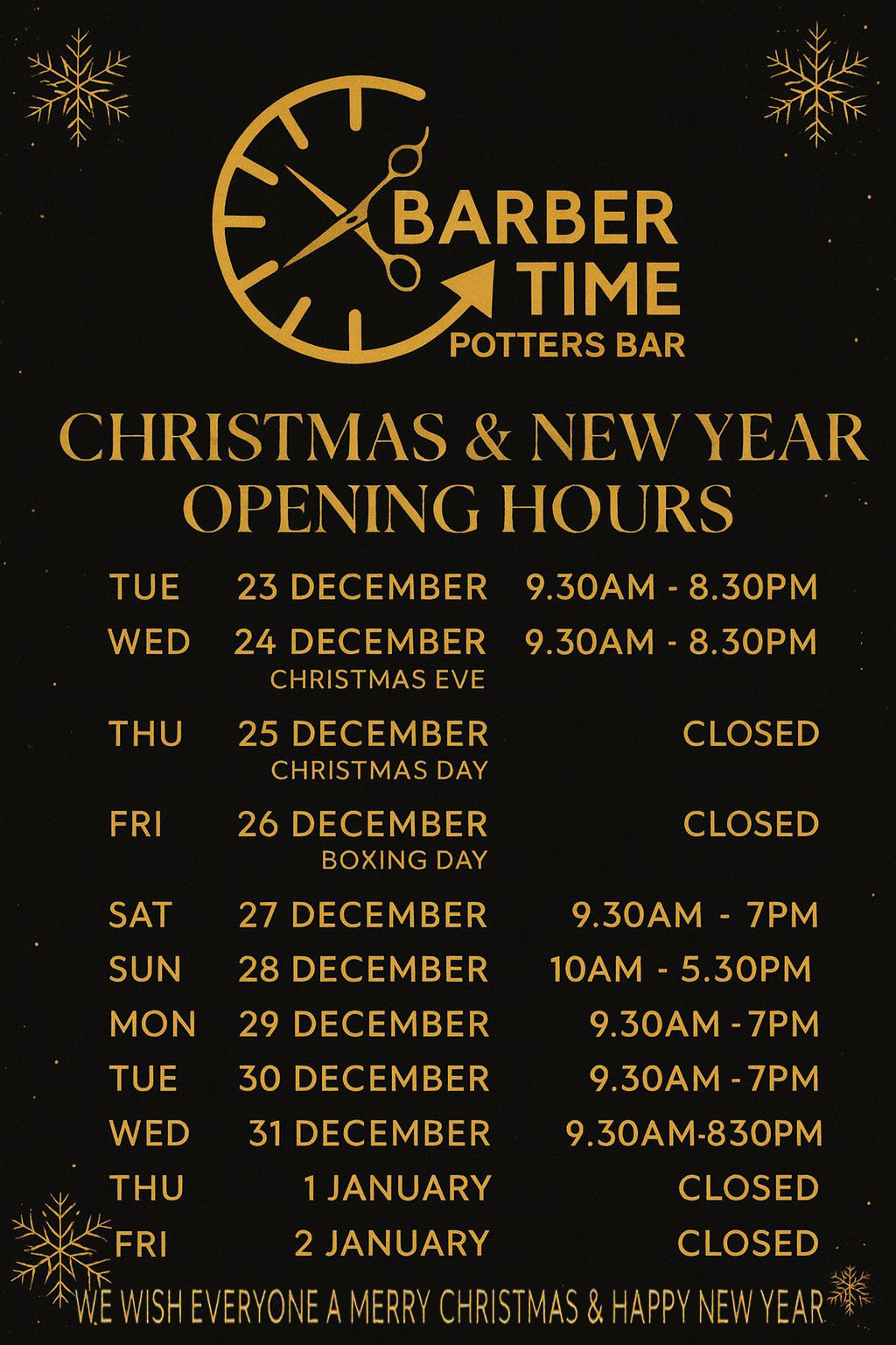 Holiday opening hours